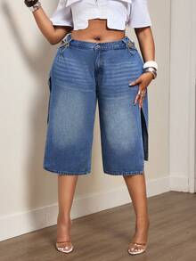 Slaydiva Plus Size Women's Non-Stretch Denim Jeans With Design Chain High Waist Hollow Out Sexy 90s Street Style Loose Straight Leg Side Slit Washed Light Blue - Dark Wash - View 6