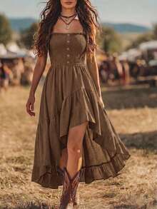 EMERY ROSE Nomadic Bohemian Casual Vacation High-Low Hem Rope Waist Mid-Length Dress For Women - Brown - View 1