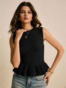 Poéselle Chaleco de punto con botones, volantes y estampado floral de unicolor para mujer - Negro - View 4