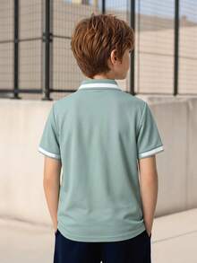 SHEIN 青少年男孩休閒學院風翻領短袖 Polo 衫 - 綠色 - 查看 2