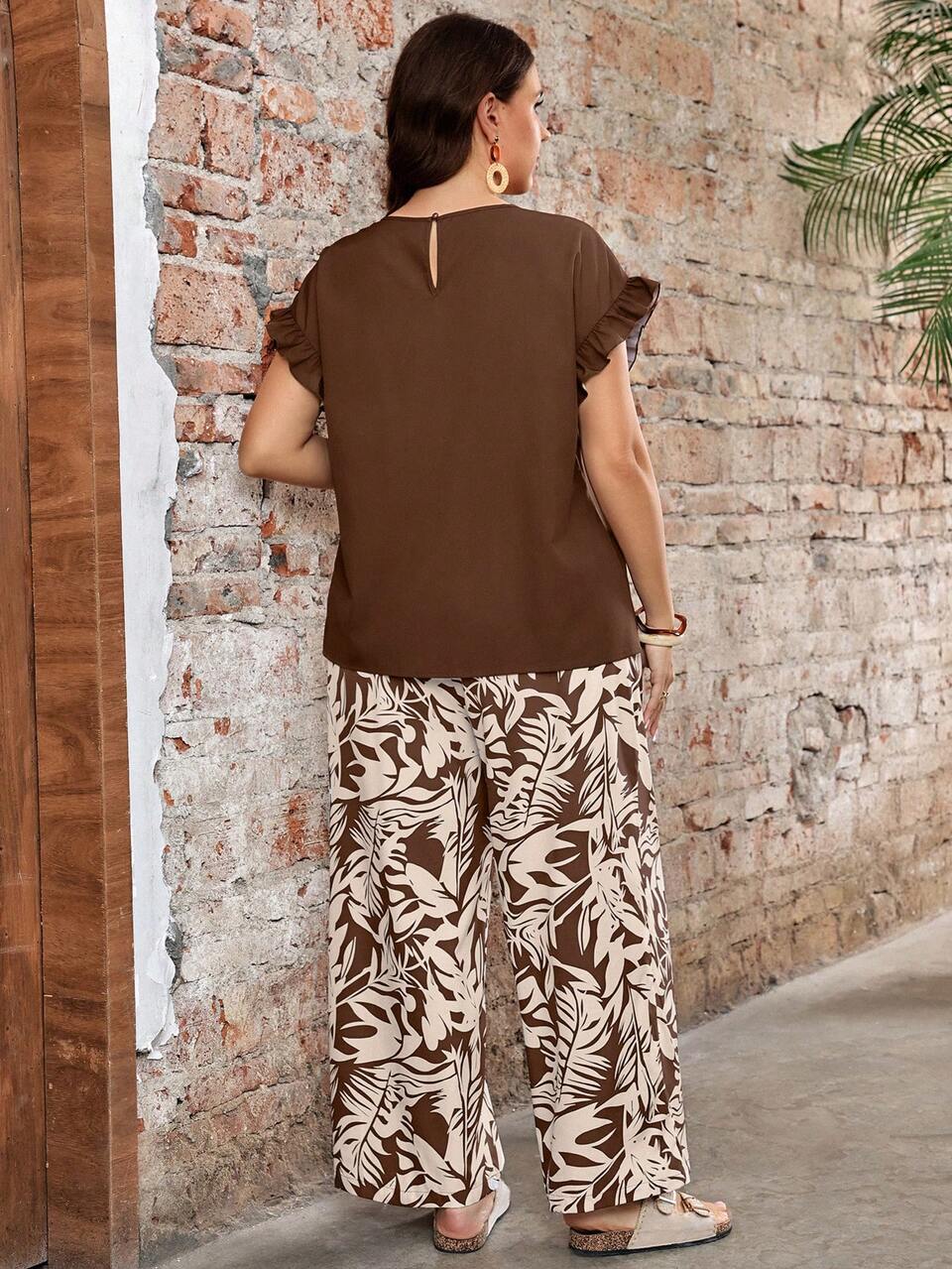 Plus Size Mocha Ruffle Top And Tropical Print Wide Leg Pants 2pc Set Summer Vacation Beach Outfits For Women Going Out