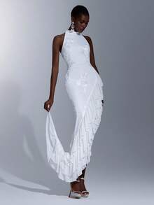 Elitara Vestido de Noche Formal Elegante Minimalista con Bordado de Cinta, Volantes Asimétricos y Hombros Descubiertos, Blanco, para Boda, Gala y Primavera - Blanco - Ver 5