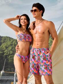 Manfinity VDAYZ 男士花卉印花沙灘短褲，度假款 - 彩色 - 查看 4