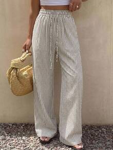 Sandy Gomes Women's Striped Wide Leg Pants With Drawstring Waist For Casual Wear Summer - Black and White - View 1
