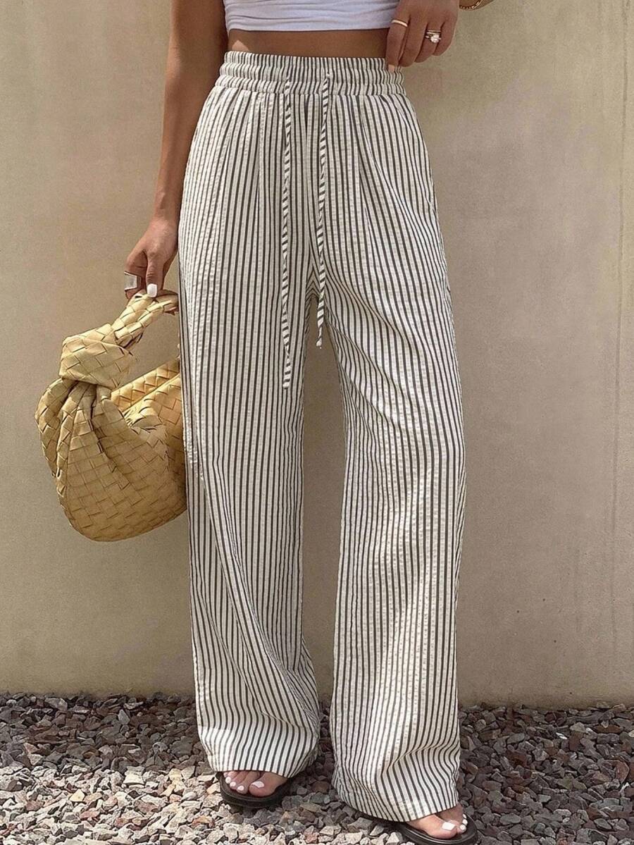 Sandy Gomes Women's Striped Wide Leg Pants With Drawstring Waist For Casual Wear Summer - Black and White - View 1