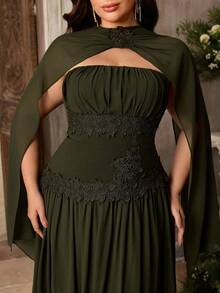 Aureia Plus Size Elegant Classy Olive Green Strapless Ruched Applique Shawl Asymmetrical A-Line Dress Wedding Formal Evening Dinner Winter - Army Green - View 6