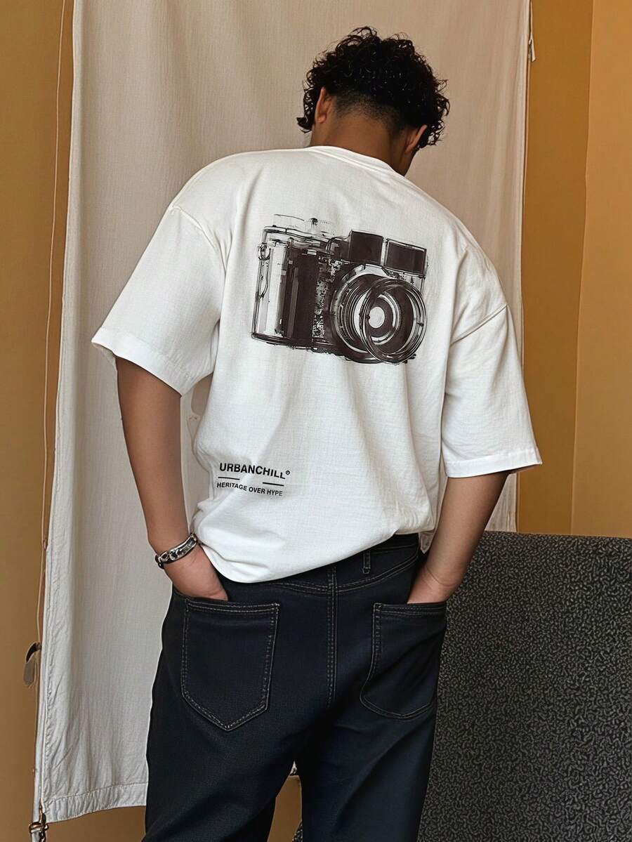 SWAVVY Men's Summer Casual Loose Short Sleeve T-Shirt White Standard Size Crew Neck Heat Transfer Print - White - View 1