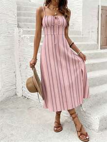 SHEIN Frenchy Đầm lửng phong cách tối giản thường ngày màu hồng, họa tiết sọc dọc hình học bất đối xứng, thích hợp cho kỳ nghỉ xuân/hè. - Nhiều màu - Xem 3