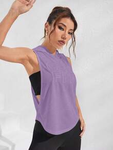 SHEIN Sports 女款網眼素色無袖寬鬆字母印花連帽運動衛衣 - 紫色 - 查看 3