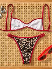 Swim Vcay Conjunto de bikini de triángulo de cintura baja con top bandeau con lazo y estampado de lunares, nuevo y sexy para mujer en verano - Rojo - Ver 2