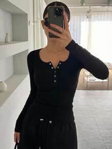DAZY Women's Solid Color Simple Casual Long Sleeve T-Shirt Y2k Going Out Tops Women - Black - View 14