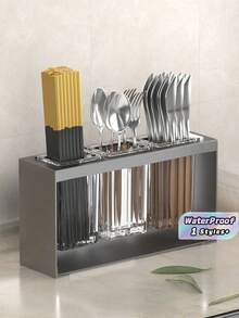 1pc Modern Plastic Kitchen Utensil Holder With Drainboard And Storage Box, Multifunctional Cutlery Caddy For Knives, Forks, Spoons, And Chopstick Stand For Dining Room And Kitchen Use - Multicolor - View 1