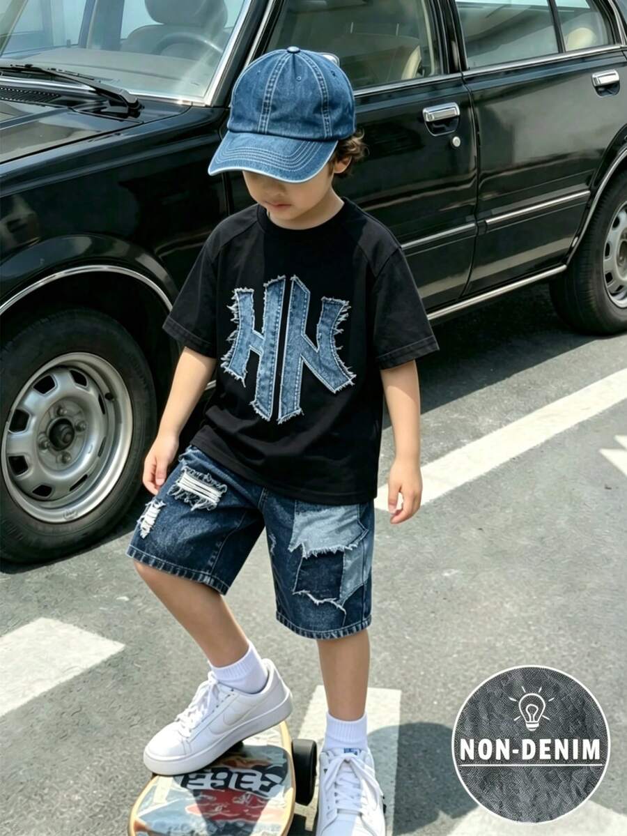 Young Boy Summer Casual Set, Crown K Logo Design, Colorblock Patchwork Short Sleeve T-Shirt + Shorts 2pcs Set, Cool Little Boy Must-Have, - Multicolor - View 1