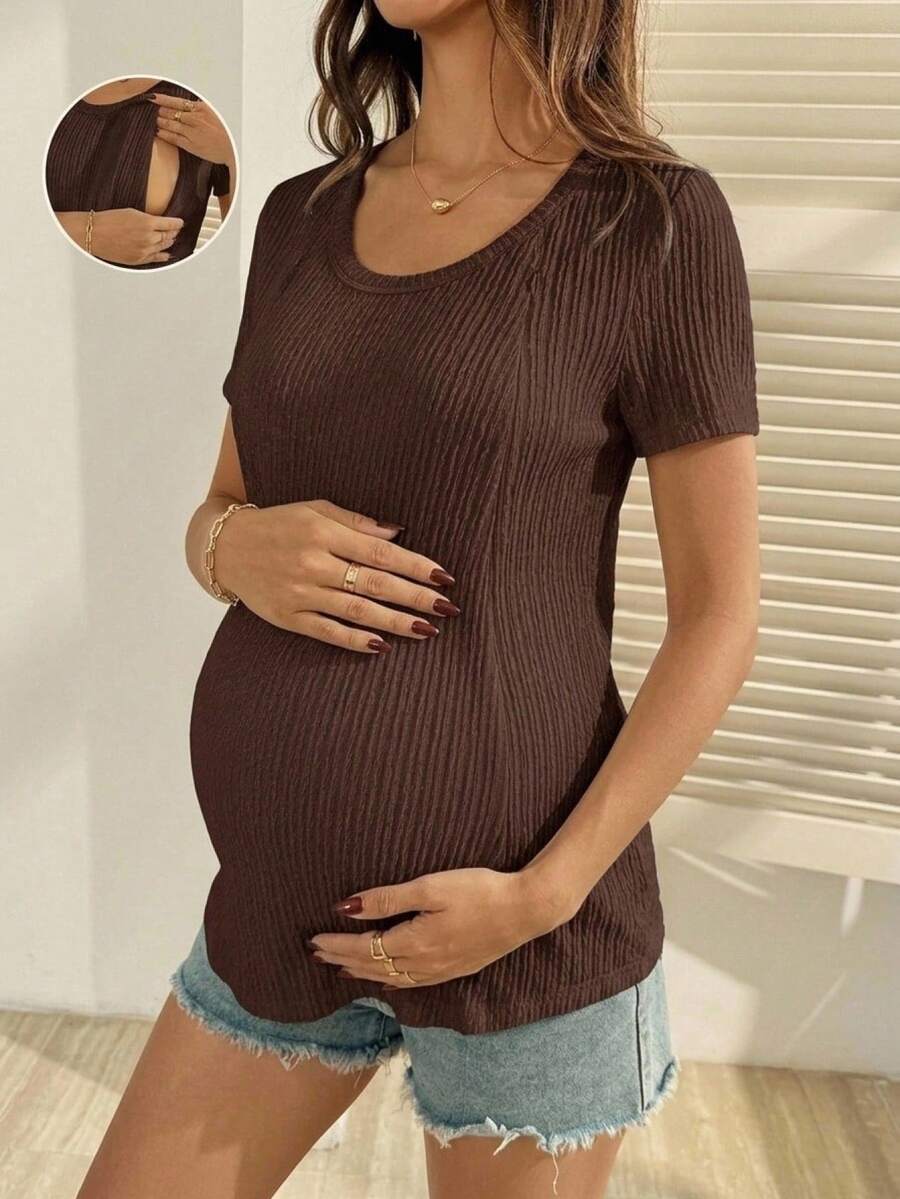 SHEIN Maternity Solid Color Casual Versatile Daily Wear Nursing Top - Brown - View 1