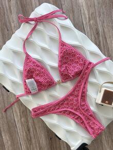 Swim Vcay SHEIN Bộ đồ bơi hai mảnh nữ đi biển mùa xuân/hè, màu trơn, áo tam giác không gọng cổ yếm buộc sau lưng và quần bikini, phong cách gợi cảm cho kỳ nghỉ - Màu Hồng  Dưa hấu - Xem 2