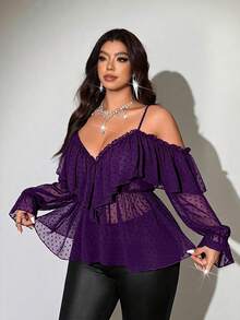 Viva Relle Plus Size French Sheer Lace Ruffle Sexy Cold Shoulder Blouse Fall - Purple - View 2