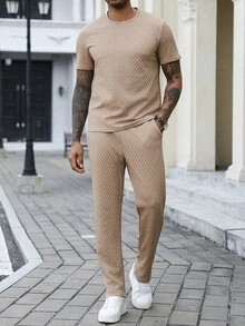 Manfinity Homme Men's Knit Textured Fabric Mature Casual Holiday Daily Gift For Husband Boyfriend Long Pants Short Sleeve T-Shirt Set - Khaki - View 4