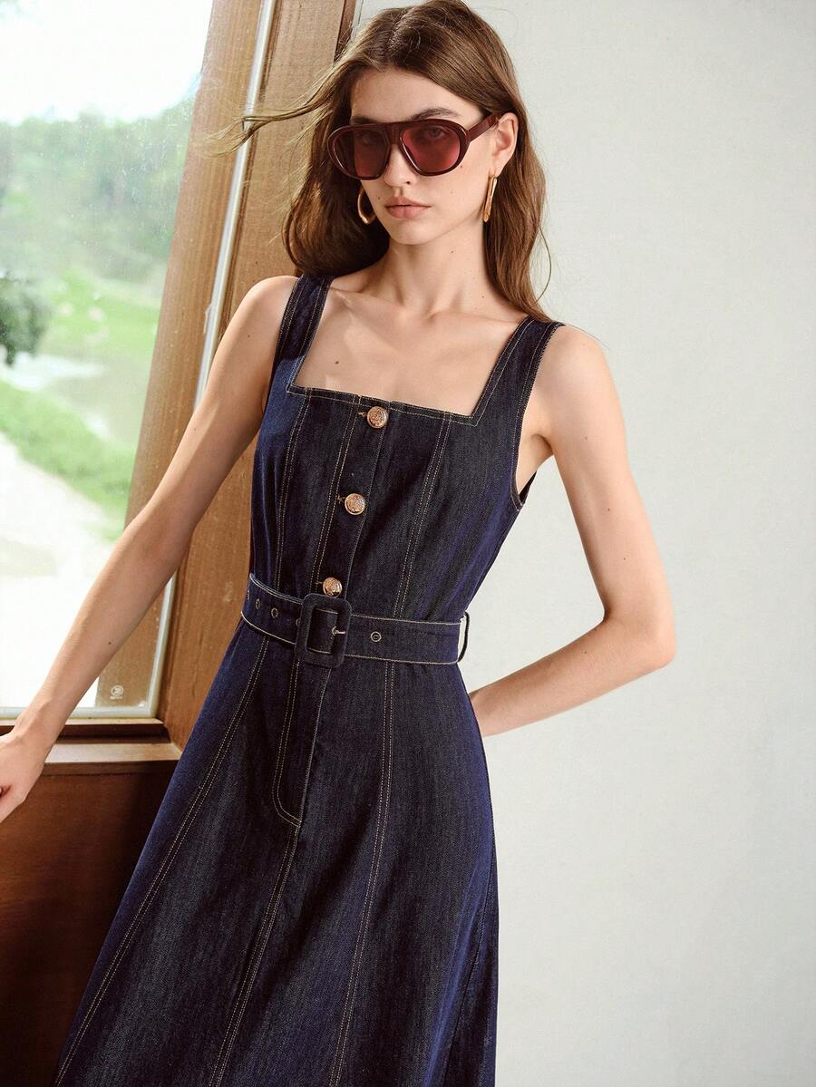 MOTF PREMIUM BUTTON HALF-OPEN FRONT SLEEVELESS DENIM DRESS WITH BELT BRUNCH DAY TIME NAVY BLUE SUMMER 70S CASUAL - Dark Wash - View 2