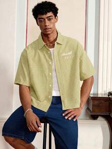 SWAVVY Men's Plaid Embroidered Single-Breasted Short Sleeve Fashion Versatile Shirt - Yellow - View 2