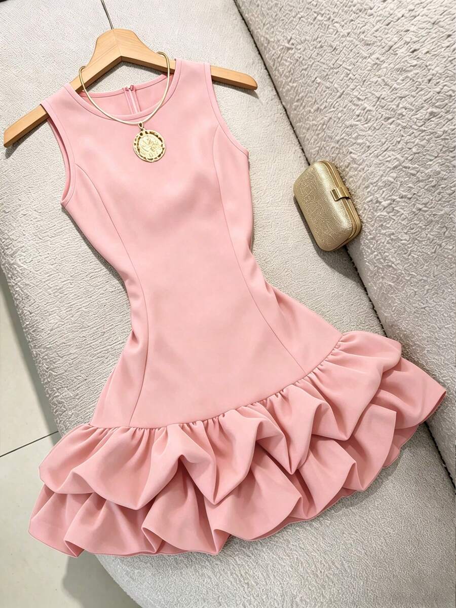 GlowEve Women's Solid Color Round Neck Sleeveless Ruffle Elegant Mini Dress - Pink - View 1