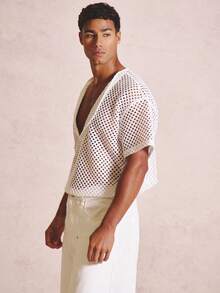 Musero Lightweight Open Knit Relaxed Fit Deep V Neck Shirt Spring Summer Essentials - White - View 4