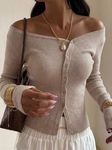 DAZY Women's Spring & Autumn Casual Solid Color Oblique Shoulder Cardigan,Long Sleeve Tops,Fall Women Clothes - Mocha Brown - View 11