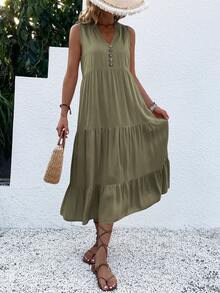 Breezaya Button Detail Layered Hem Smock Dress Maxi Vacation Beach Outfits Women - Army Green - View 6