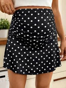 SHEIN Saia Plissada com Estampa de Poá, Estilo Casual Elegante de Férias, para Uso Diário e Deslocamento, para Gestantes no Verão - Preto e Branco - Visão 1