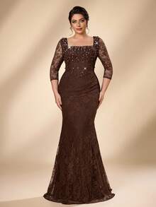 Serin Plus Size Elegant Formal Classy Brown Square Neck 3/4 Sleeve Pearl Rhinestone French Lace Pleated Mermaid Tail Train Wedding Evening Party Dinner Fall - Brown - View 8
