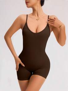 Slayform Slayform Jumpsuit Wanita Warna Polos dengan Bagian Belakang Terbuka dan Celana Pendek Sepeda, Untuk Olahraga Harian Menjelang Tahun Baru Imlek - Coffee Brown - View 3