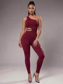 Radiana Women's Asymmetrical Shoulder Cutout Fitted Sports Jumpsuit  Casual Everyday Wear Summer Running Yoga  Gym Club, Nightclub Cocktail Party Sexy - Burgundy - View 7