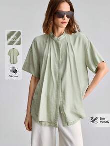 Ontre 女款鼠尾草綠圓領小立領落肩短袖夏季波希米亞風極簡休閒辦公早午餐教師節穿搭 - 薄荷綠 - 查看 5