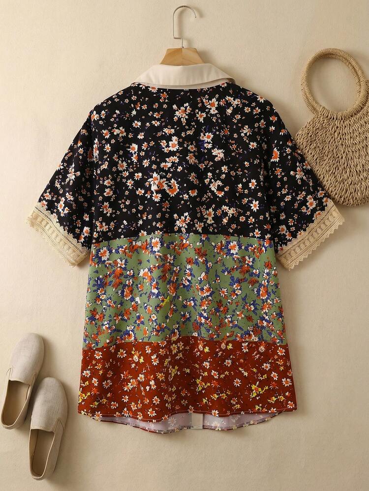 Plus Size Summer Contrast Color Ditsy Floral Print Front Button Spliced Ribbon Short Sleeve Shirt