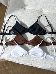 Swim Vcay Conjunto de 3 Peças de Maiô Bikini Feminino Estilo Férias de Verão na Praia, Simples, Sexy, Casual, Modesto, Cor Sólida, Top com Torção na Frente, Preto, Marrom Escuro, Branco Total - Multicolorido - Visão 2