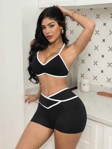 Slayform Women's Black Contrast Color Seamless Sports Bra, Sexy Slim Fit, Casual Summer, Festa Junina - Black - View 5