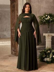 Aureia Plus Size Elegant Classy Olive Green Strapless Ruched Applique Shawl Asymmetrical A-Line Dress Wedding Formal Evening Dinner Winter - Army Green - View 8