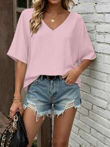 EMERY ROSE Women's Solid Color V-Neck Batwing Sleeve Summer Casual Shirt, Vacation Style Plus Size Blouse - Pink - View 4