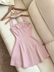 GlowEve Women's Sweet French Style Solid Color Square Neck Halter Dress - Pink - View 2