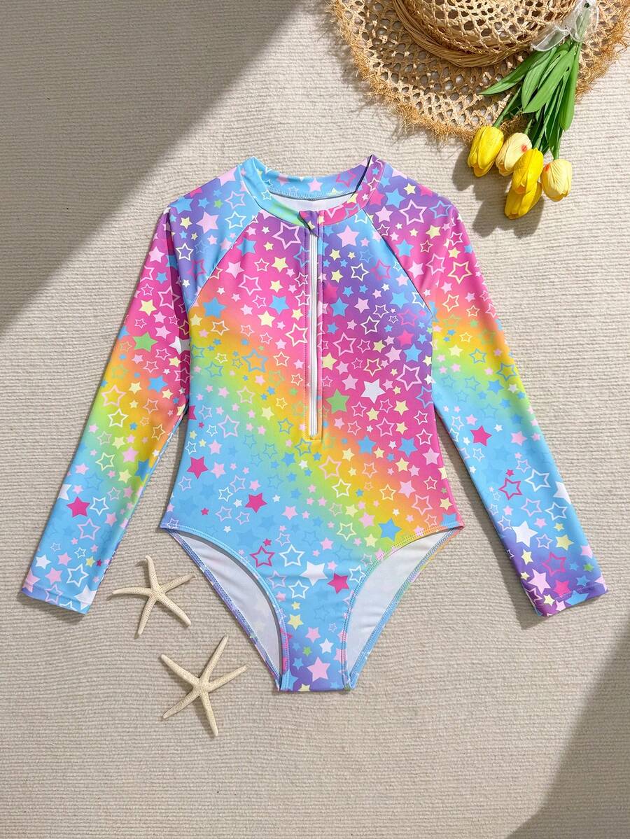 SHEIN 青少年女孩漸層圖案長袖拉鍊式連身泳衣 - 彩色 - 查看 1