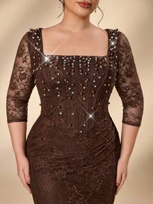 Serin Plus Size Elegant Formal Classy Brown Square Neck 3/4 Sleeve Pearl Rhinestone French Lace Pleated Mermaid Tail Train Wedding Evening Party Dinner Fall - Brown - View 7