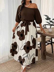 Weeklong Plus Size Women's Vacation Floral Print Asymmetrical Shoulder Short Sleeve Elegant Dress - Multicolor - View 3