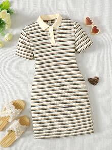 SHEIN Tween Girl Tween Girls Summer Squishy Striped Knit Pullover POLO Collar V-Neck Dress, Versatile For Formal Occasions, Outings, Vacation, Streetwear, Suitable For Any Occasion, Sister Outfits, Parent-Child Outfits, Cute Girl Styling - Apricot - View 7