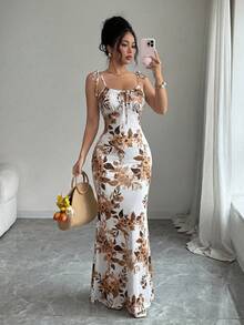 SHEIN Raffinéa 女款時尚優雅全身印花細肩帶洋裝 - 黃色 - 查看 6