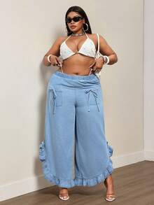 Slaydiva Plus Size Women's Non-Stretch High Waist Ruffle Hem Wide Leg Jeans Cowboy Outfits For Women - Light Wash - View 5