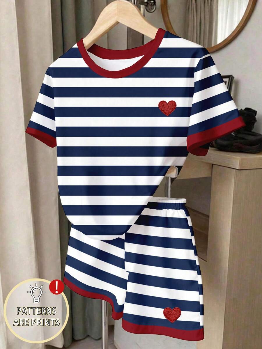夏秋休閒時尚女款復古彩色條紋紅心圖案印花圓領短袖休閒T恤 日常舒適百搭經典條紋 - 白色 - 查看 1