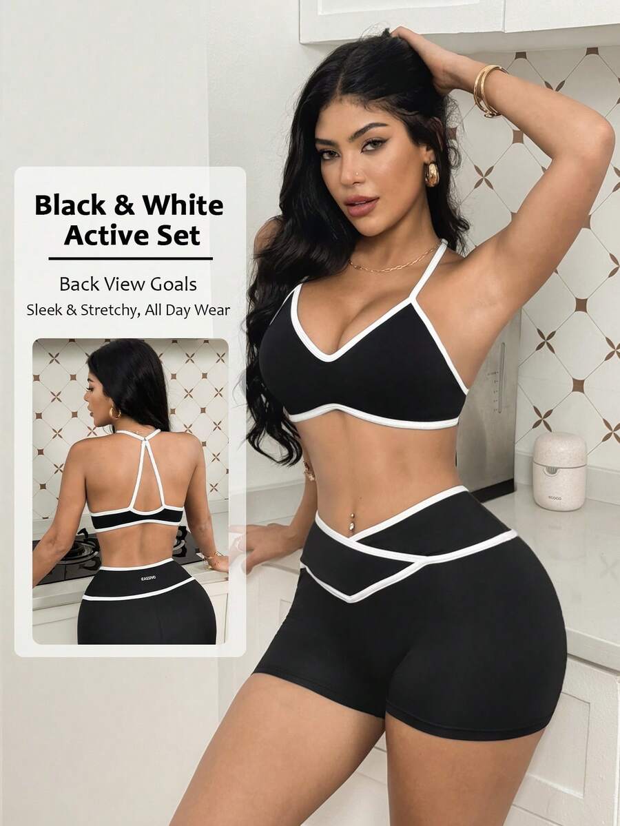 Slayform Women's Black Contrast Color Seamless Sports Bra, Sexy Slim Fit, Casual Summer, Festa Junina - Black - View 1