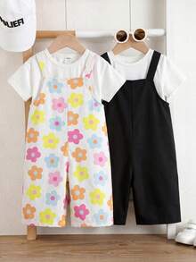 SHEIN 2件組女嬰休閒街頭風時尚細肩帶連身褲 - 黑與白 - 查看 3