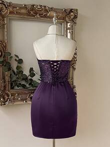Lovelzi Elegant Deep Purple Sequin Satin Sweetheart Draped Wrap Asymmetric Ruched Corset Sparkly Fitted Short Cocktail Dress For Party Prom - Purple - View 4
