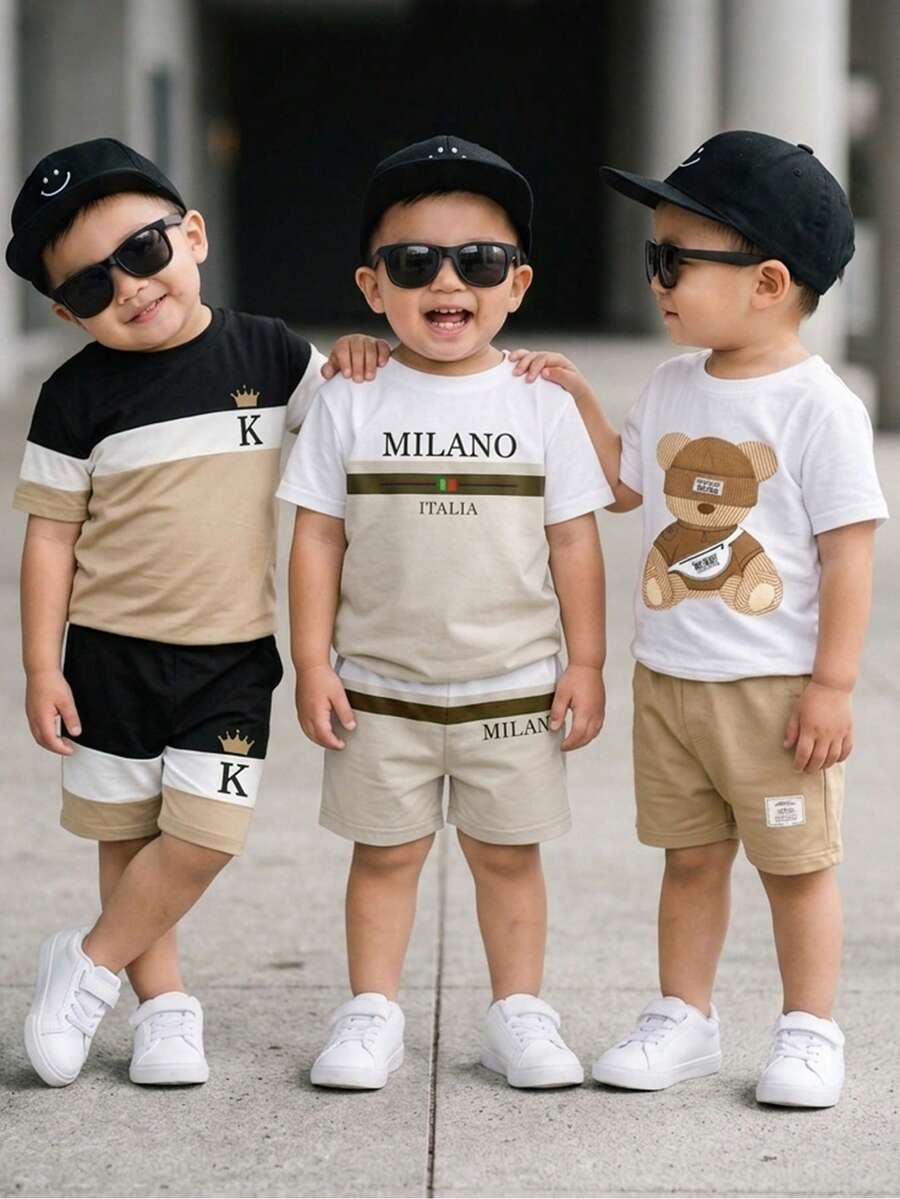 Souflis Souflis 6件套舒适纯棉婴幼儿休闲运动风经典套装,包含3套撞色拼接的米兰、意大利字母、小熊印花圆领T恤和字母印花圆领短袖T恤,搭配同款短裤,适合春夏外出、运动、韩版穿搭、校园穿着。 - 彩色 - 查看 1