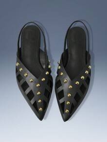 CUCCOO GRLICON Spice Girl Fried Street, Metal Rivets, Black Hollow Flat Shoes, Holiday Atmosphere, Summer Wear, A Must For Travel, Y2K - Black - View 4